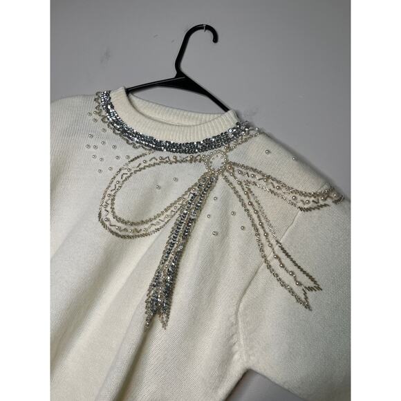 NWT Alfred Dunner Soft Cream Silver Pearl Bows Coquette Kawaii Kei Sweater XL - Picture 5 of 5